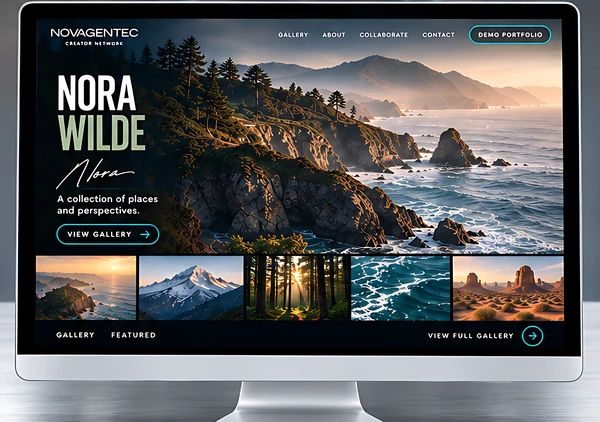 Desktop monitor showing a Creator Core portfolio site for the fictional photographer Nora Wilde