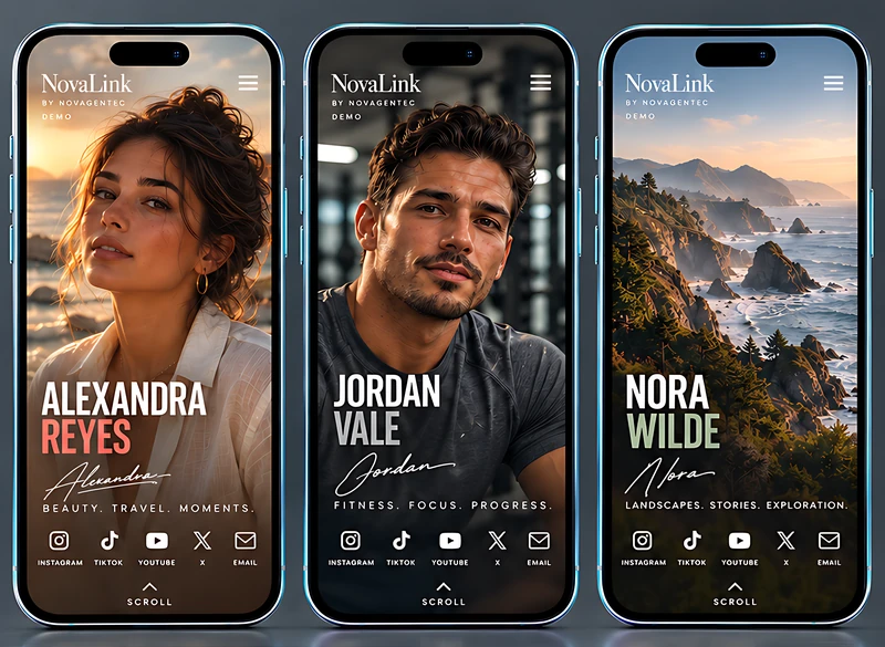 Three phones showing Creator Core link pages for fictional creators Alexandra Reyes, Jordan Vale and Nora Wilde