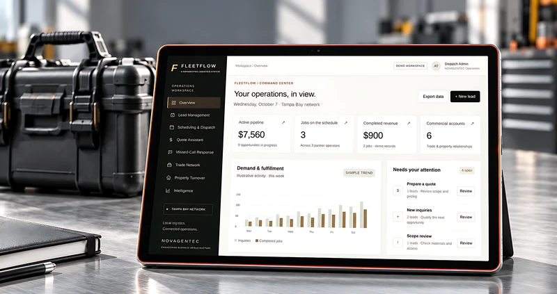 Tablet on a stand showing the FleetFlow operations dashboard with sample revenue, job and invoice figures, next to a black equipment case