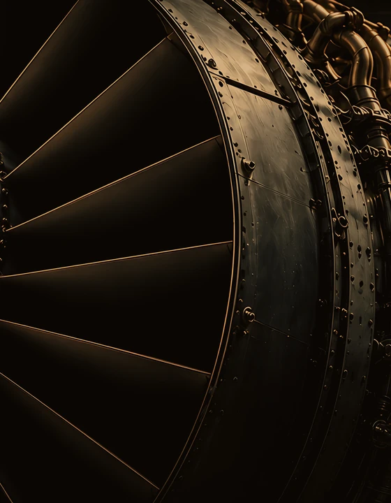 Bronze-toned close-up of a jet turbine fan and the engine plumbing around it