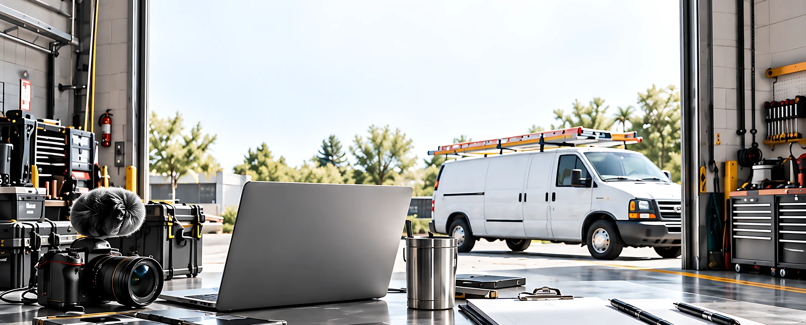 Workshop bay with a laptop, cameras and tool chests on a desk, looking out through the open door at a white van and palm trees
