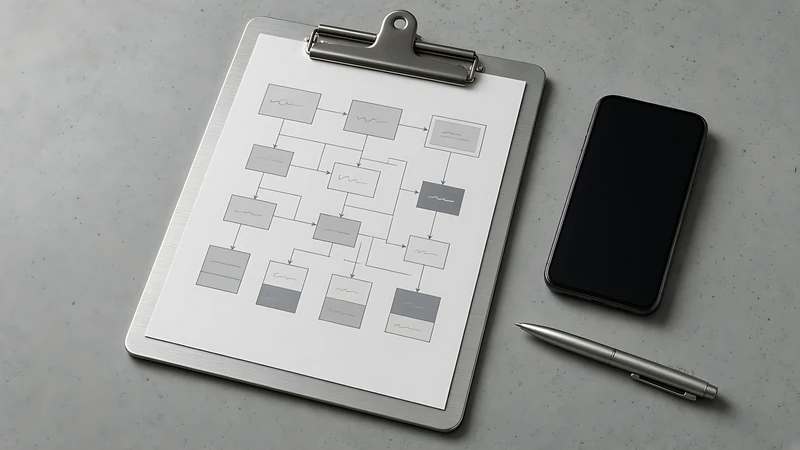 Clipboard holding a printed workflow diagram beside a phone and a pen