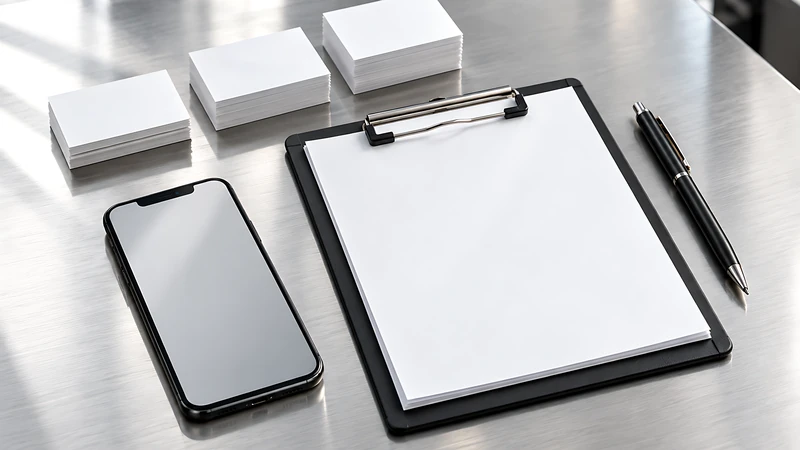 Black presentation box, fanned black business cards and two dark pens on grey concrete