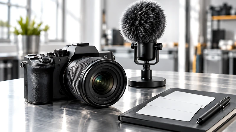 Two mirrorless cameras and a studio microphone on a concrete desk