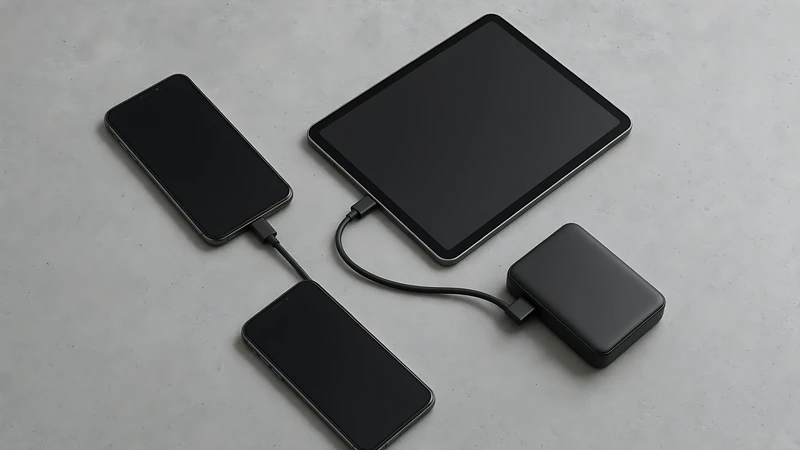 Two phones and a tablet cabled to an external hard drive on a concrete surface
