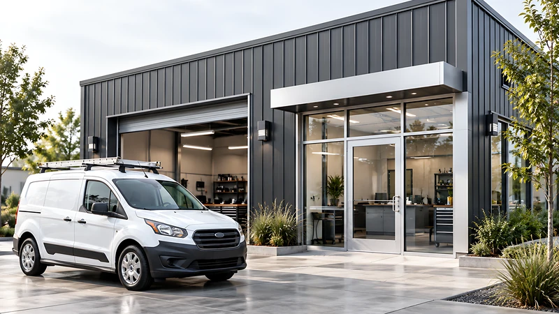 White service van parked in front of a dark-clad workshop with glass doors
