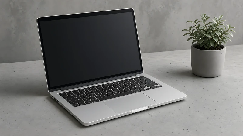 Open laptop beside a potted plant on a concrete desk, screen awaiting a dashboard screenshot