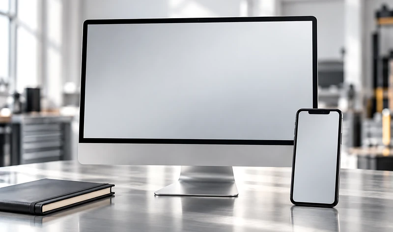 Desktop monitor beside a potted plant and a phone on a light concrete desk, screens awaiting product screenshots