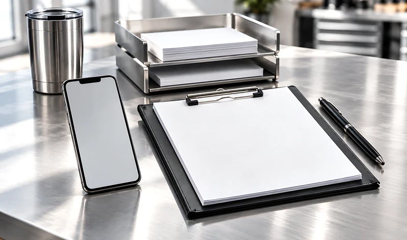 Clipboard with a printed checklist next to a phone, a small succulent and a steel tumbler on a concrete surface