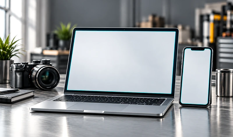 Tablet on a stand in front of an open laptop and a potted plant, screens awaiting product screenshots